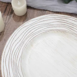 6 Pack White Washed Rose Rim Faux Wood Plastic Charger Trays, Round Disposable Serving Plates 13" -Home Decor Promotional Store CHRG PLST0015W WHT D06