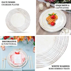 6 Pack White Washed Rose Rim Faux Wood Plastic Charger Trays, Round Disposable Serving Plates 13" -Home Decor Promotional Store CHRG PLST0015W WHT EBC1