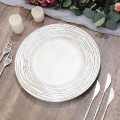 6 Pack White Washed Rose Rim Faux Wood Plastic Charger Trays, Round Disposable Serving Plates 13"