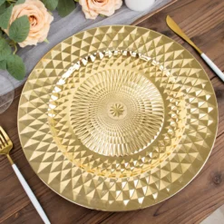 6 Pack Sparkling Diamond Disposable Dinner Serving Plates, Shiny Round Plastic Charger Plates 13" -Home Decor Promotional Store CHRG PLST0017 GOLD D02