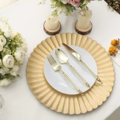 6 Pack | 13" Scalloped Shell Pattern Plastic Charger Plates, Round Disposable Serving Plates 22 6 Pack | 13" Scalloped Shell Pattern Plastic Charger Plates, Round Disposable Serving Plates -Home Decor Promotional Store CHRG PLST0019 GOLD D03