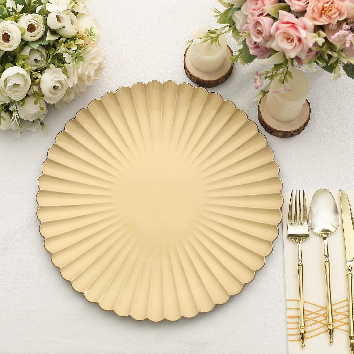 6 Pack | 13" Scalloped Shell Pattern Plastic Charger Plates, Round Disposable Serving Plates 1 6 Pack | 13" Scalloped Shell Pattern Plastic Charger Plates, Round Disposable Serving Plates