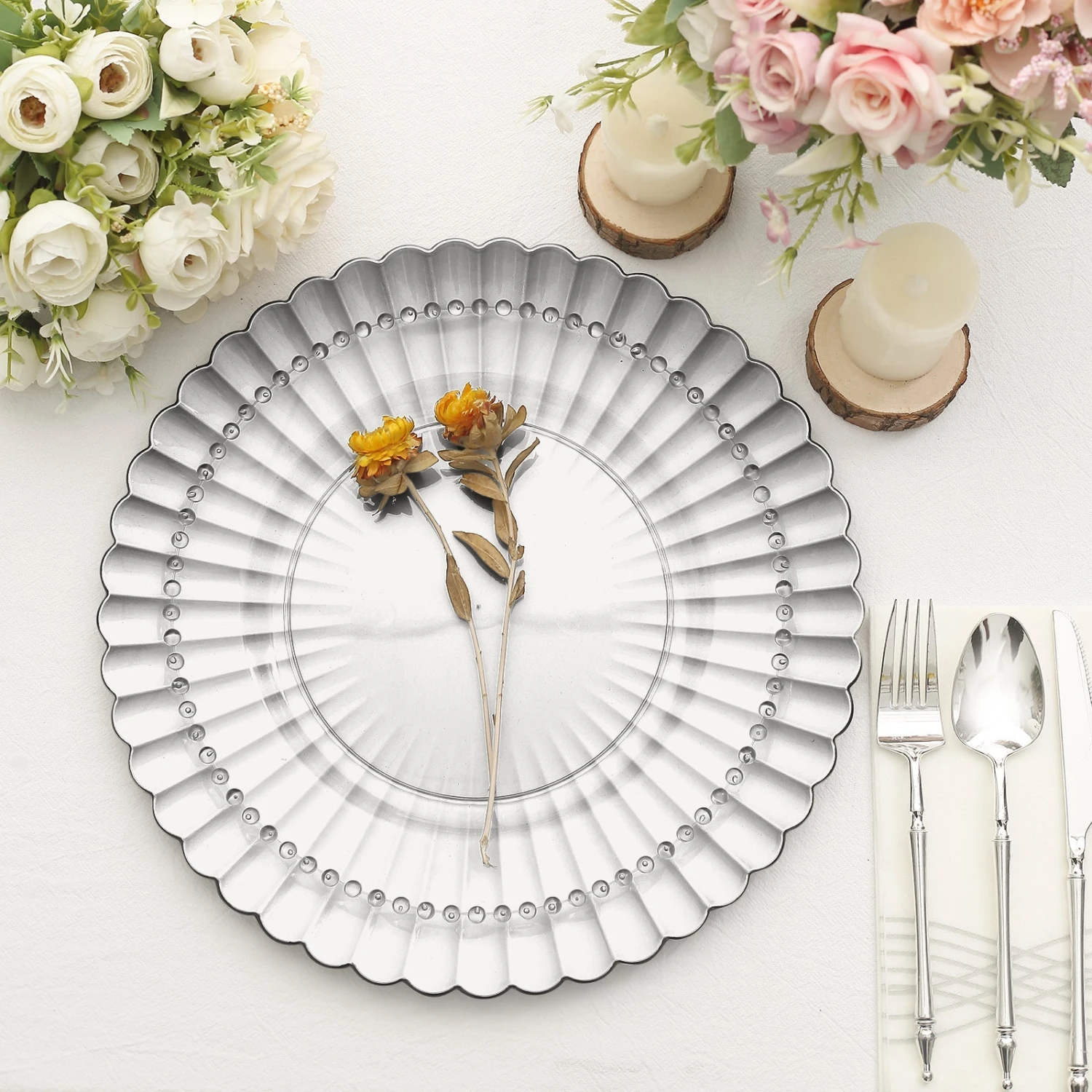 6 Pack | 13" Scalloped Shell Pattern Plastic Charger Plates, Round Disposable Serving Plates 11 6 Pack | 13" Scalloped Shell Pattern Plastic Charger Plates, Round Disposable Serving Plates - Image 11