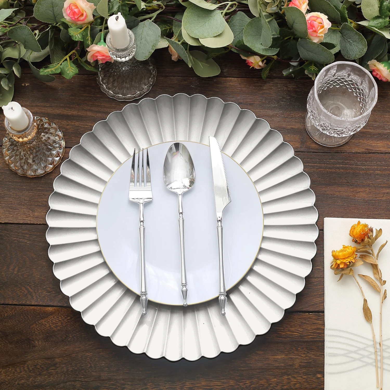 6 Pack | 13" Scalloped Shell Pattern Plastic Charger Plates, Round Disposable Serving Plates 2 6 Pack | 13" Scalloped Shell Pattern Plastic Charger Plates, Round Disposable Serving Plates - Image 2