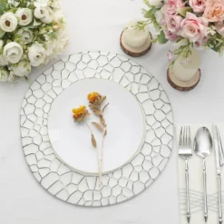 6 Pack Matte Irregular Round Plastic Charger Plates With Giraffe Pattern Rim, Disposable Dinner Serving Plates 13" -Home Decor Promotional Store CHRG PLST0020 WHT D01