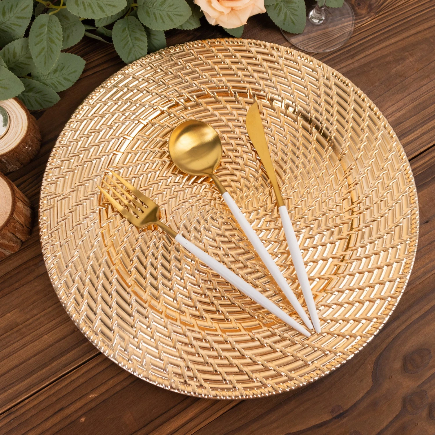 6 Pack Metallic Gold Swirl Rattan Acrylic Charger Plates, 13" Round Farmhouse Plastic Serving Plates 7 6 Pack Metallic Gold Swirl Rattan Acrylic Charger Plates, 13" Round Farmhouse Plastic Serving Plates - Image 7