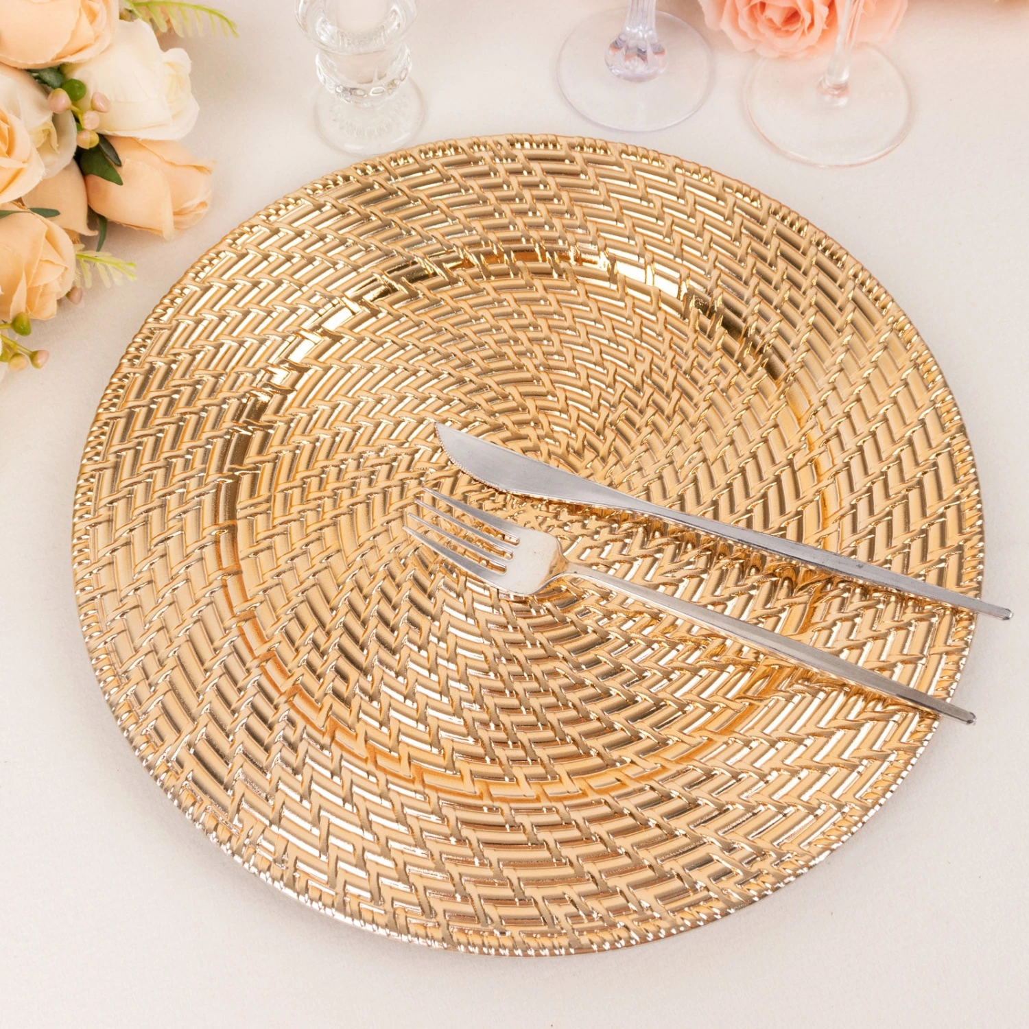 6 Pack Metallic Gold Swirl Rattan Acrylic Charger Plates, 13" Round Farmhouse Plastic Serving Plates 5 6 Pack Metallic Gold Swirl Rattan Acrylic Charger Plates, 13" Round Farmhouse Plastic Serving Plates - Image 5