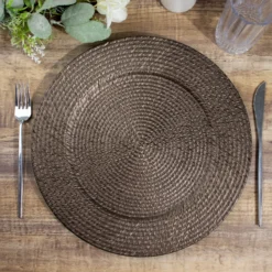 6 Pack Natural Brown Acrylic Plastic Rattan-Like Charger Plates, Round Disposable Dinner Serving Plates 13" -Home Decor Promotional Store CHRG PLST0022 BRN D02
