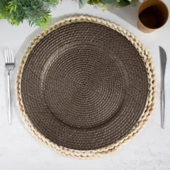 6 Pack Natural Brown Acrylic Plastic Rattan-Like Charger Plates, Round Disposable Dinner Serving Plates 13"