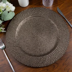 6 Pack Natural Brown Acrylic Plastic Rattan-Like Charger Plates, Round Disposable Dinner Serving Plates 13" -Home Decor Promotional Store CHRG PLST0022 BRN D05