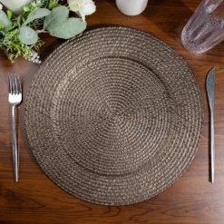 6 Pack Natural Brown Acrylic Plastic Rattan-Like Charger Plates, Round Disposable Dinner Serving Plates 13" -Home Decor Promotional Store CHRG PLST0022 BRN D07