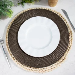 6 Pack Natural Brown Acrylic Plastic Rattan-Like Charger Plates, Round Disposable Dinner Serving Plates 13" -Home Decor Promotional Store CHRG PLST0022 BRN D08