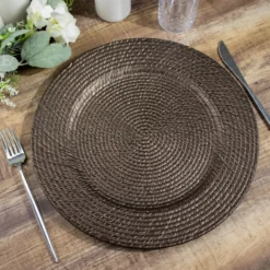 6 Pack Natural Brown Acrylic Plastic Rattan-Like Charger Plates, Round Disposable Dinner Serving Plates 13" -Home Decor Promotional Store CHRG PLST0022 BRN 02