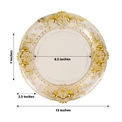 6 Pack Clear Plastic Dinner Charger Plates With Gold Florentine Style Embossed Rim, 13" Round Decorative Serving Trays -Home Decor Promotional Store CHRG PLST0029 CLGD 98