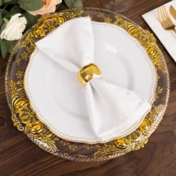 6 Pack Clear Plastic Dinner Charger Plates With Gold Florentine Style Embossed Rim, 13" Round Decorative Serving Trays -Home Decor Promotional Store CHRG PLST0029 CLGD D01