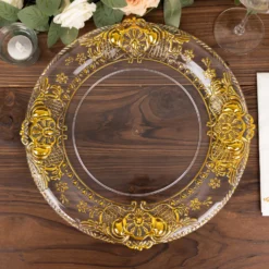 6 Pack Clear Plastic Dinner Charger Plates With Gold Florentine Style Embossed Rim, 13" Round Decorative Serving Trays -Home Decor Promotional Store CHRG PLST0029 CLGD D04
