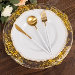 6 Pack Clear Plastic Dinner Charger Plates With Gold Florentine Style Embossed Rim, 13" Round Decorative Serving Trays -Home Decor Promotional Store CHRG PLST0029 CLGD D05