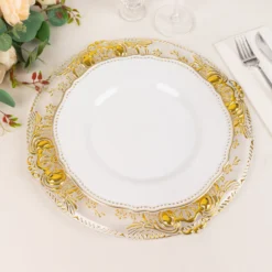 6 Pack Clear Plastic Dinner Charger Plates With Gold Florentine Style Embossed Rim, 13" Round Decorative Serving Trays -Home Decor Promotional Store CHRG PLST0029 CLGD D07