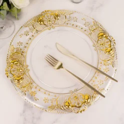 6 Pack Clear Plastic Dinner Charger Plates With Gold Florentine Style Embossed Rim, 13" Round Decorative Serving Trays -Home Decor Promotional Store CHRG PLST0029 CLGD D08