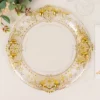 6 Pack Clear Plastic Dinner Charger Plates With Gold Florentine Style Embossed Rim, 13" Round Decorative Serving Trays