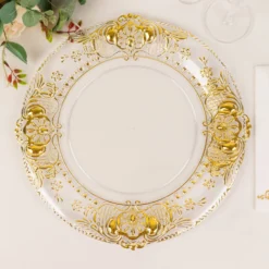 6 Pack Clear Plastic Dinner Charger Plates With Gold Florentine Style Embossed Rim, 13" Round Decorative Serving Trays