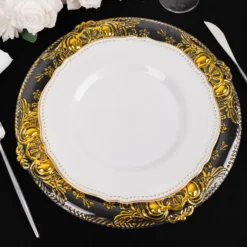 6 Pack Clear Plastic Dinner Charger Plates With Gold Florentine Style Embossed Rim, 13" Round Decorative Serving Trays -Home Decor Promotional Store CHRG PLST0029 CLGD D13