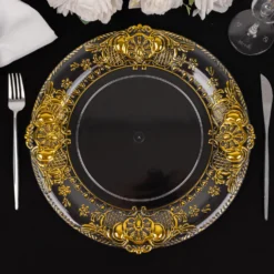 6 Pack Clear Plastic Dinner Charger Plates With Gold Florentine Style Embossed Rim, 13" Round Decorative Serving Trays -Home Decor Promotional Store CHRG PLST0029 CLGD D14