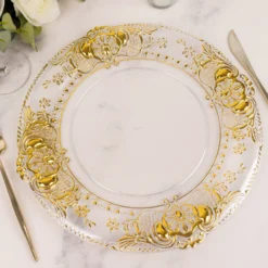 6 Pack Clear Plastic Dinner Charger Plates With Gold Florentine Style Embossed Rim, 13" Round Decorative Serving Trays -Home Decor Promotional Store CHRG PLST0029 CLGD D15
