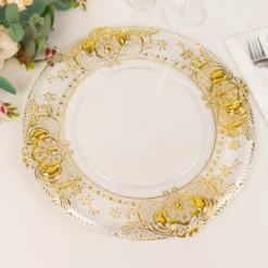 6 Pack Clear Plastic Dinner Charger Plates With Gold Florentine Style Embossed Rim, 13" Round Decorative Serving Trays -Home Decor Promotional Store CHRG PLST0029 CLGD 01