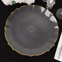 6 Pack Clear Plastic Sunflower Charger Plates With Gold Scalloped Rim, 13" Decorative Serving Plates -Home Decor Promotional Store CHRG PLST0032 CLGD 01