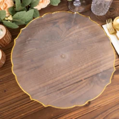 6 Pack Clear Plastic Sunflower Charger Plates With Gold Scalloped Rim, 13" Decorative Serving Plates