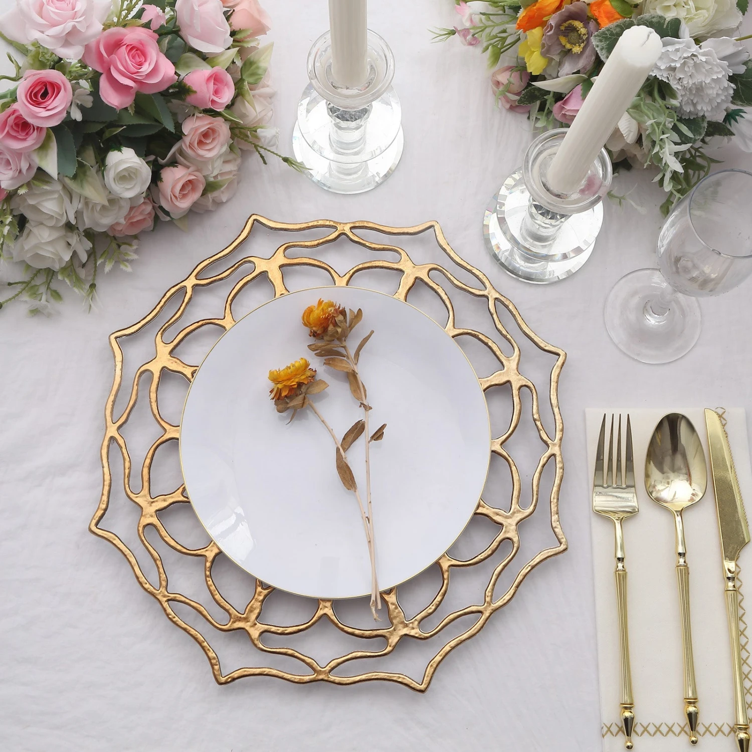 6 Pack Gold Floral Cutout Acrylic Charger Plates, Hollow Flower Decorative Plastic Serving Plates 13" 3 6 Pack Gold Floral Cutout Acrylic Charger Plates, Hollow Flower Decorative Plastic Serving Plates 13" - Image 3