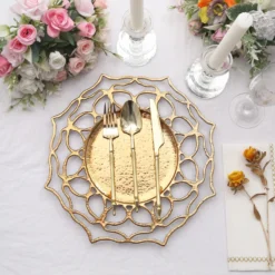 6 Pack Gold Floral Cutout Acrylic Charger Plates, Hollow Flower Decorative Plastic Serving Plates 13"