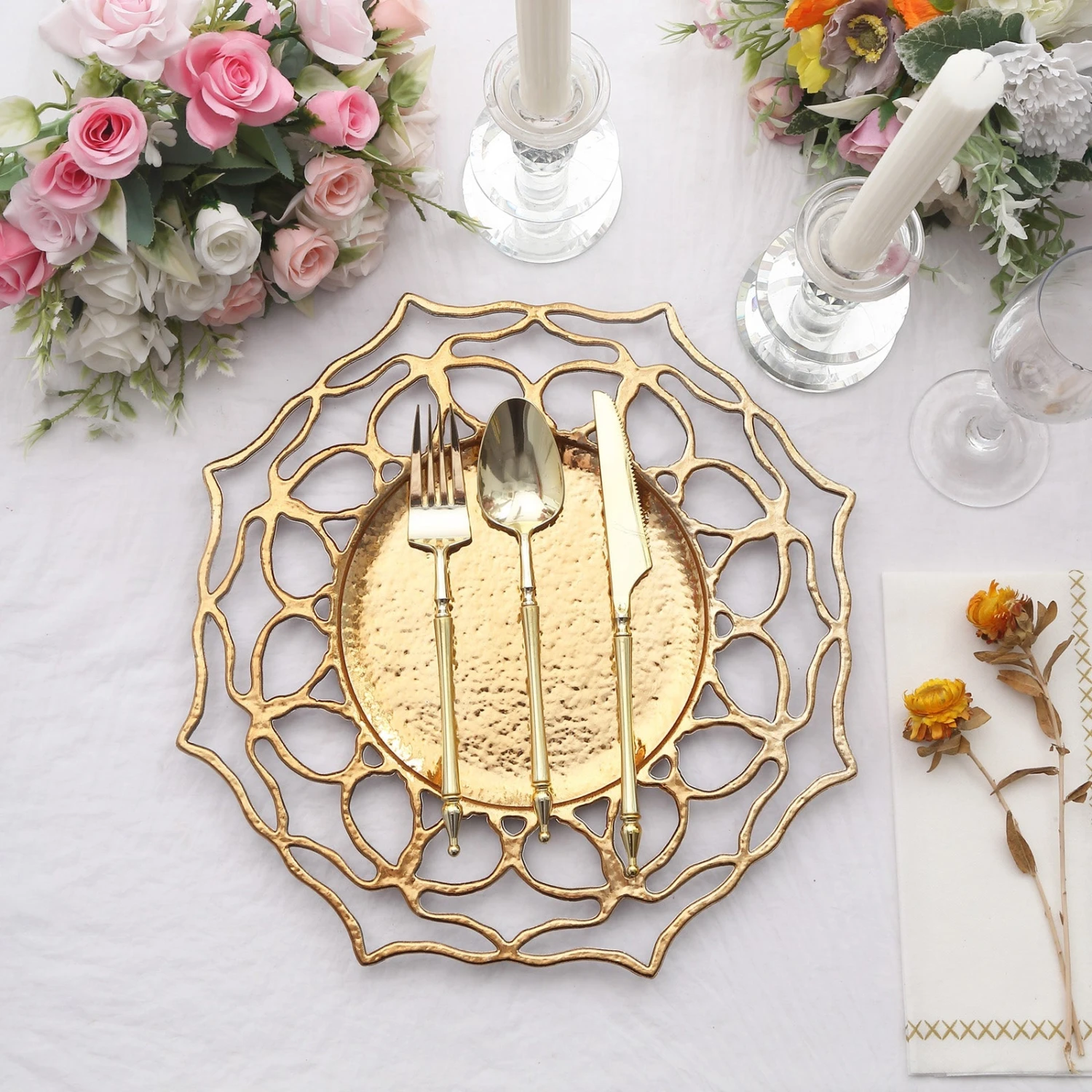 6 Pack Gold Floral Cutout Acrylic Charger Plates, Hollow Flower Decorative Plastic Serving Plates 13" 1 6 Pack Gold Floral Cutout Acrylic Charger Plates, Hollow Flower Decorative Plastic Serving Plates 13"