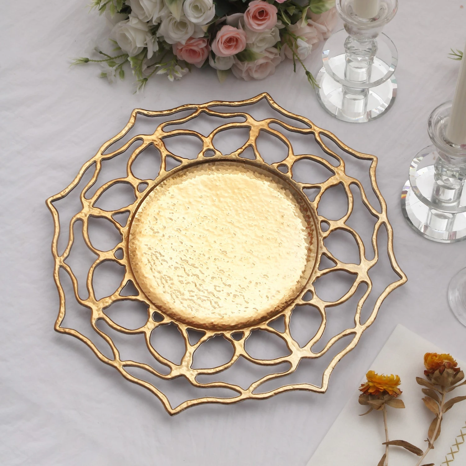 6 Pack Gold Floral Cutout Acrylic Charger Plates, Hollow Flower Decorative Plastic Serving Plates 13" 9 6 Pack Gold Floral Cutout Acrylic Charger Plates, Hollow Flower Decorative Plastic Serving Plates 13" - Image 9