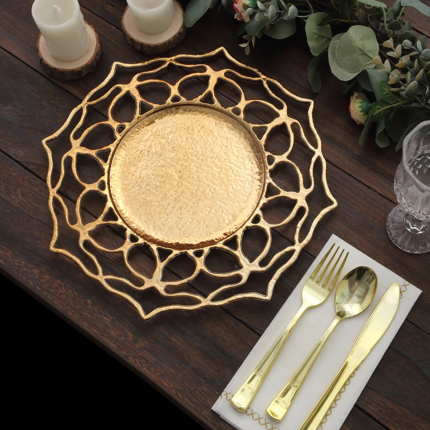 6 Pack Gold Floral Cutout Acrylic Charger Plates, Hollow Flower Decorative Plastic Serving Plates 13" 5 6 Pack Gold Floral Cutout Acrylic Charger Plates, Hollow Flower Decorative Plastic Serving Plates 13" - Image 5