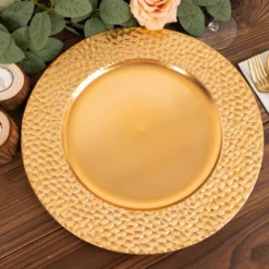 6 Pack Metallic Gold Plastic Charger Plates With Hammered Rim, 13" Round Decorative Serving Plates -Home Decor Promotional Store CHRG PLST0035 GOLD D07