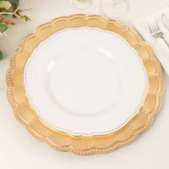 6 Pack Metallic Gold Acrylic Sunflower Charger Plates With Beaded Rim, Elegant Disposable Plastic Serving Plates - 13" Round -Home Decor Promotional Store CHRG PLST0036 GOLD D03