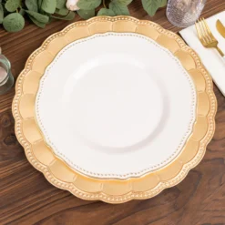 6 Pack Metallic Gold Acrylic Sunflower Charger Plates With Beaded Rim, Elegant Disposable Plastic Serving Plates - 13" Round -Home Decor Promotional Store CHRG PLST0036 GOLD D06