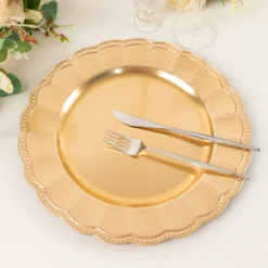 6 Pack Metallic Gold Acrylic Sunflower Charger Plates With Beaded Rim, Elegant Disposable Plastic Serving Plates - 13" Round -Home Decor Promotional Store CHRG PLST0036 GOLD D07
