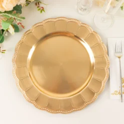 6 Pack Metallic Gold Acrylic Sunflower Charger Plates With Beaded Rim, Elegant Disposable Plastic Serving Plates - 13" Round