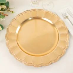 6 Pack Metallic Gold Acrylic Sunflower Charger Plates With Beaded Rim, Elegant Disposable Plastic Serving Plates - 13" Round -Home Decor Promotional Store CHRG PLST0036 GOLD 02