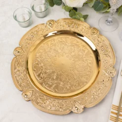 6 Pack Floral Embossed Acrylic Charger Plates With Scalloped Rim, 13" Round Plastic Decorative Serving Plates 21 6 Pack Floral Embossed Acrylic Charger Plates With Scalloped Rim, 13" Round Plastic Decorative Serving Plates -Home Decor Promotional Store CHRG PLST0038 GOLD D10