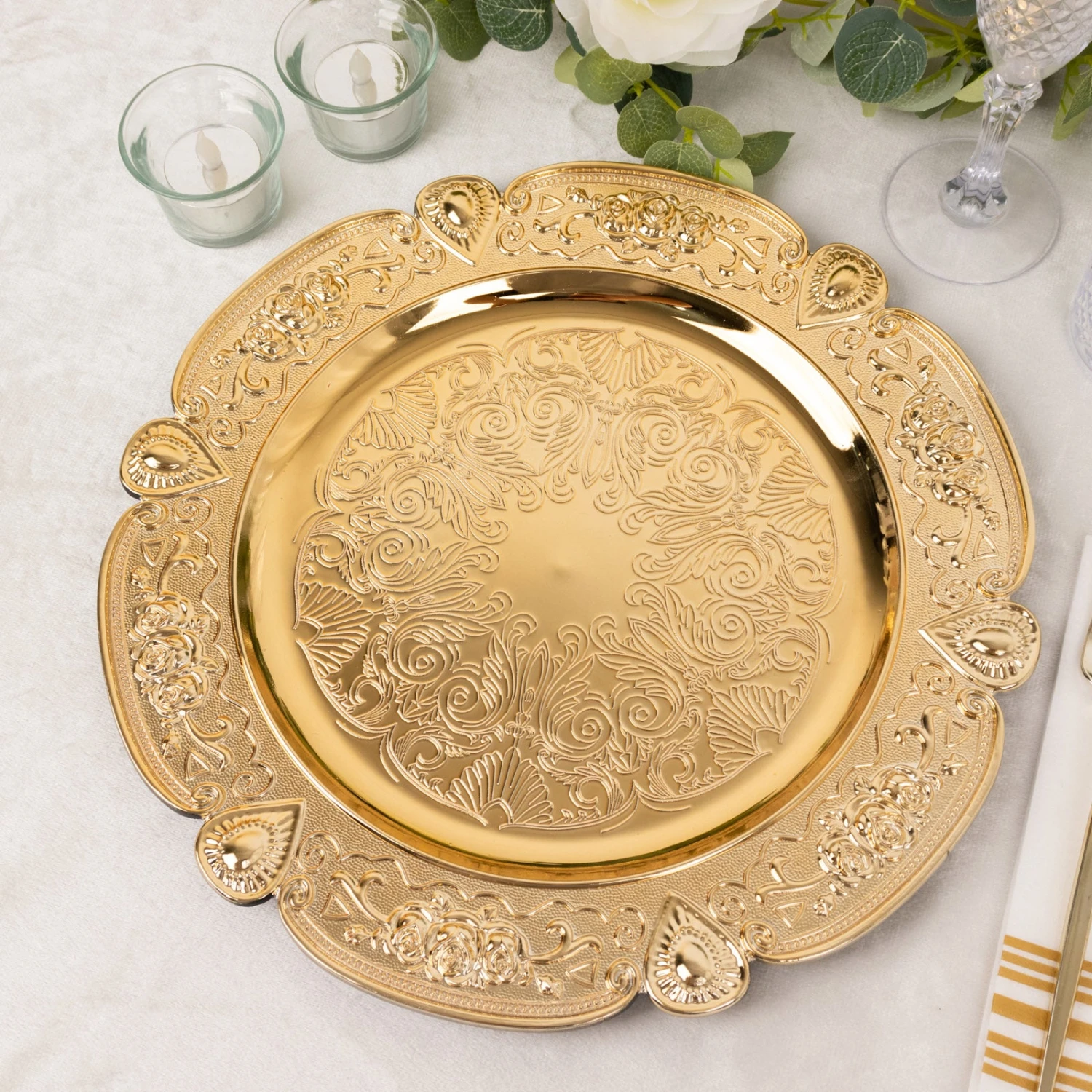 6 Pack Floral Embossed Acrylic Charger Plates With Scalloped Rim, 13" Round Plastic Decorative Serving Plates 8 6 Pack Floral Embossed Acrylic Charger Plates With Scalloped Rim, 13" Round Plastic Decorative Serving Plates - Image 8