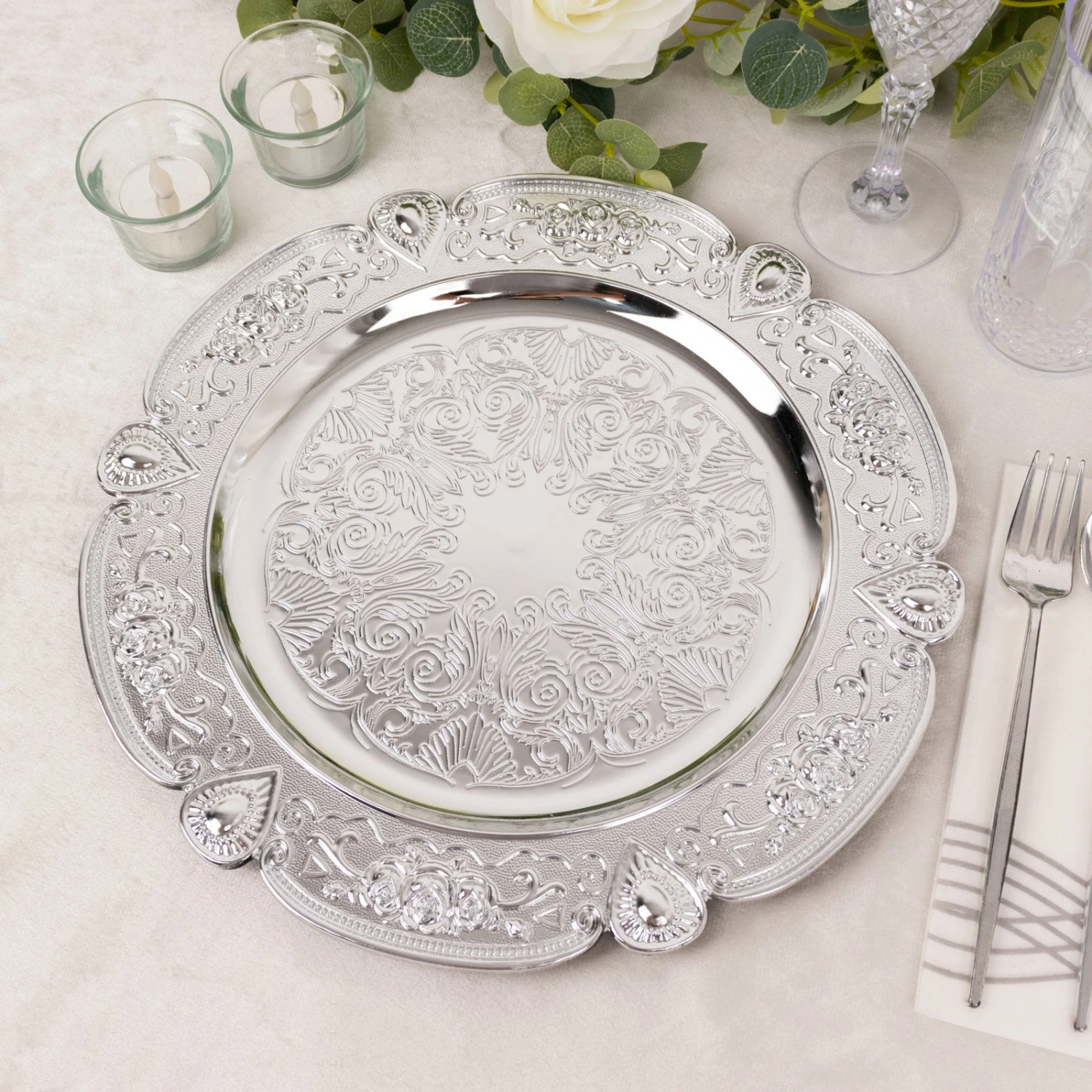 6 Pack Floral Embossed Acrylic Charger Plates With Scalloped Rim, 13" Round Plastic Decorative Serving Plates 12 6 Pack Floral Embossed Acrylic Charger Plates With Scalloped Rim, 13" Round Plastic Decorative Serving Plates - Image 12