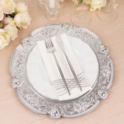 6 Pack Floral Embossed Acrylic Charger Plates With Scalloped Rim, 13" Round Plastic Decorative Serving Plates 24 6 Pack Floral Embossed Acrylic Charger Plates With Scalloped Rim, 13" Round Plastic Decorative Serving Plates -Home Decor Promotional Store CHRG PLST0038 SILV D12