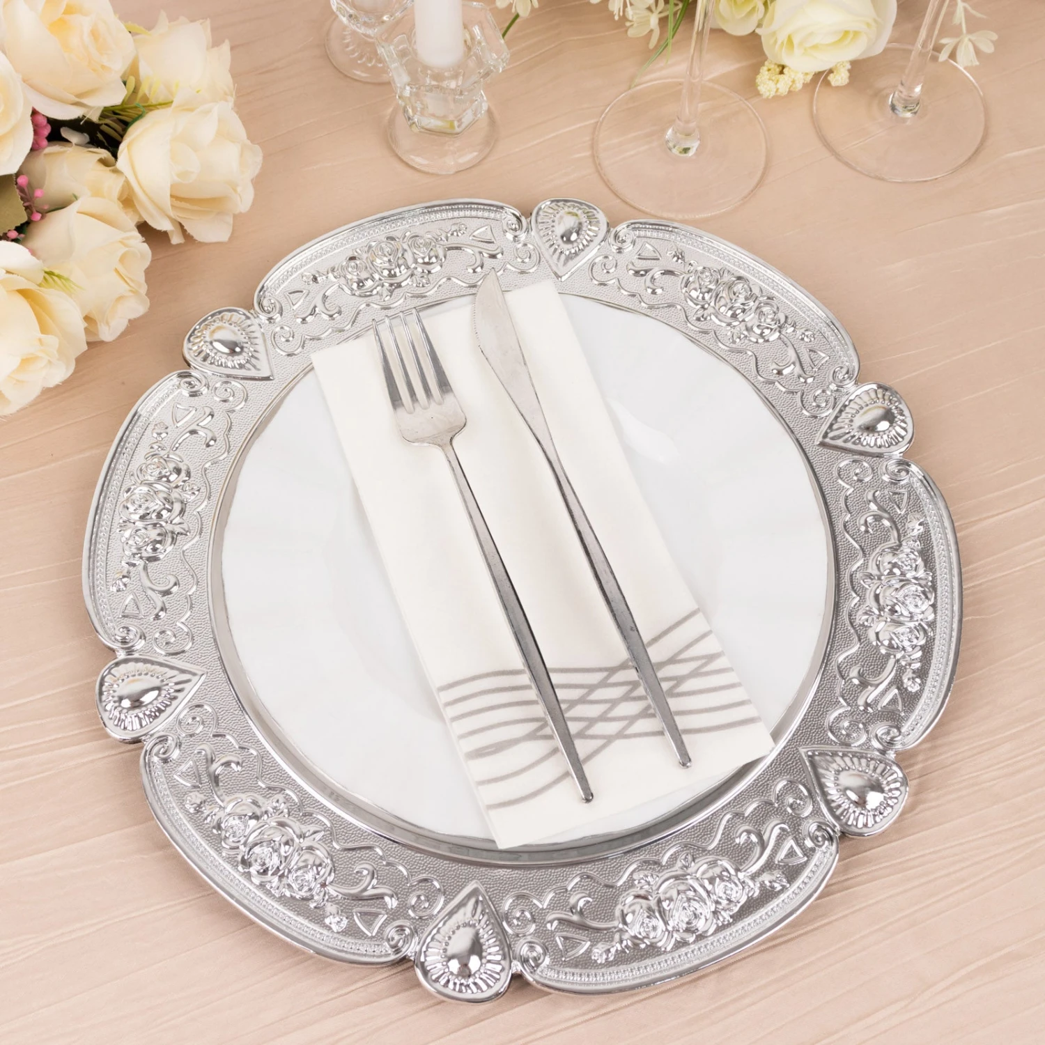 6 Pack Floral Embossed Acrylic Charger Plates With Scalloped Rim, 13" Round Plastic Decorative Serving Plates 11 6 Pack Floral Embossed Acrylic Charger Plates With Scalloped Rim, 13" Round Plastic Decorative Serving Plates - Image 11