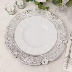 6 Pack Floral Embossed Acrylic Charger Plates With Scalloped Rim, 13" Round Plastic Decorative Serving Plates 17 6 Pack Floral Embossed Acrylic Charger Plates With Scalloped Rim, 13" Round Plastic Decorative Serving Plates -Home Decor Promotional Store CHRG PLST0038 SILV D19