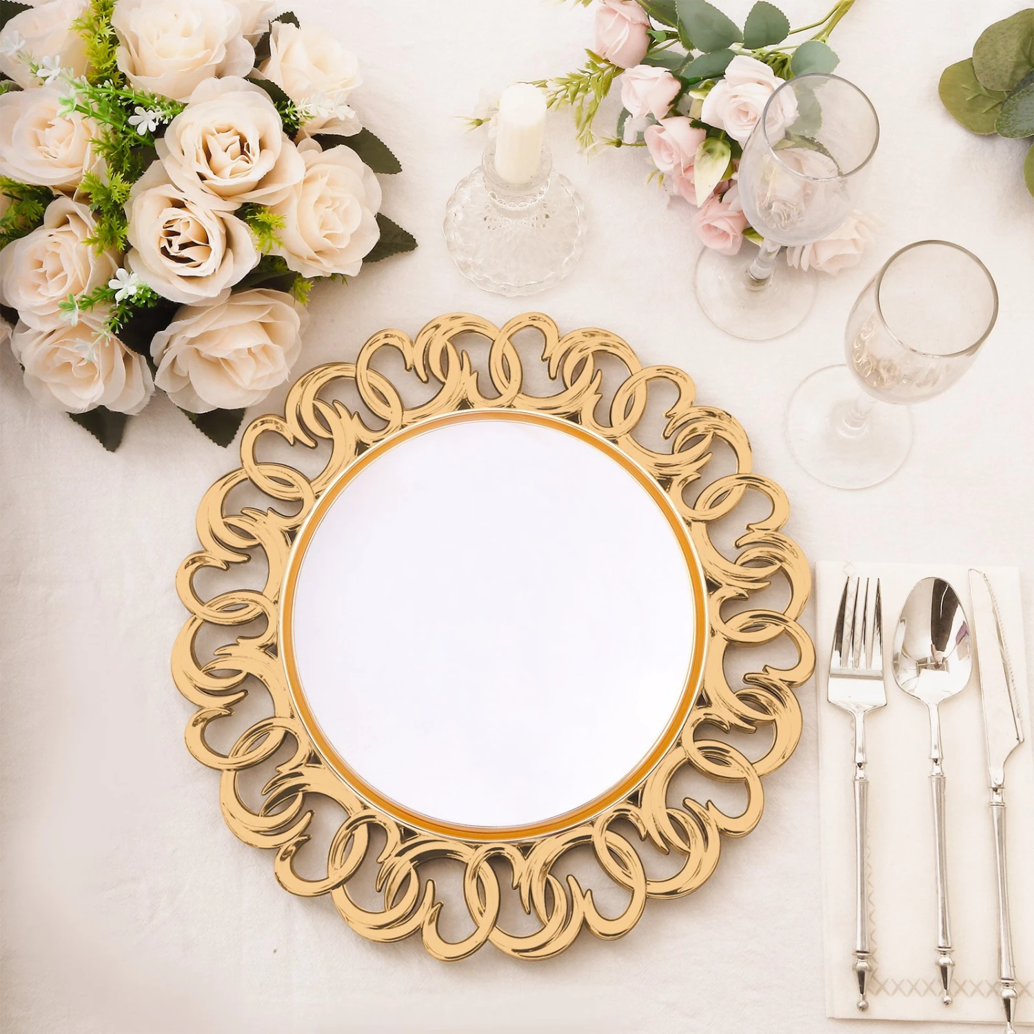 6 Pack Gold Plastic Charger Plates With Entwined Swirl Rim, 13" Round Disposable Serving Plates 3 6 Pack Gold Plastic Charger Plates With Entwined Swirl Rim, 13" Round Disposable Serving Plates - Image 3