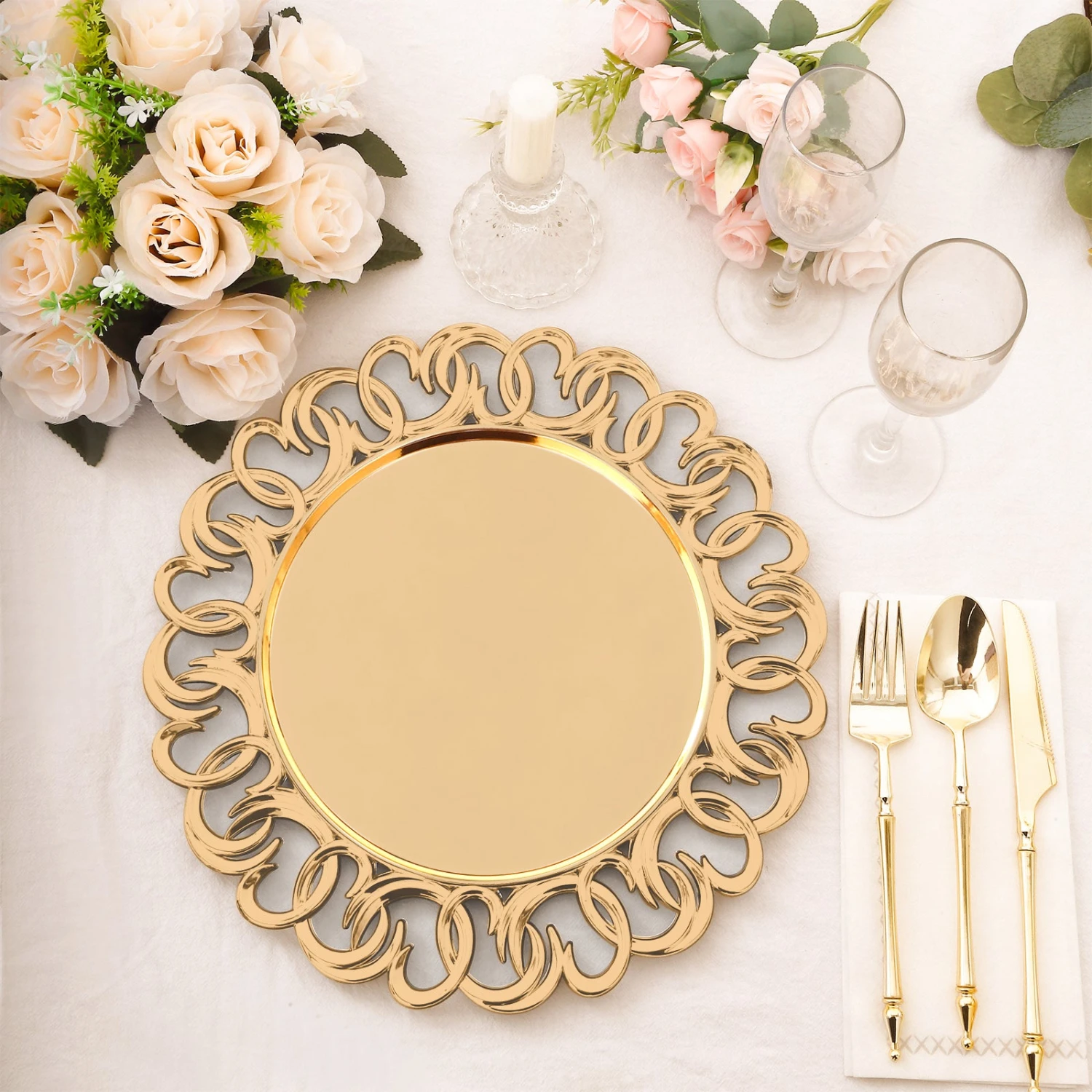 6 Pack Gold Plastic Charger Plates With Entwined Swirl Rim, 13" Round Disposable Serving Plates 1 6 Pack Gold Plastic Charger Plates With Entwined Swirl Rim, 13" Round Disposable Serving Plates